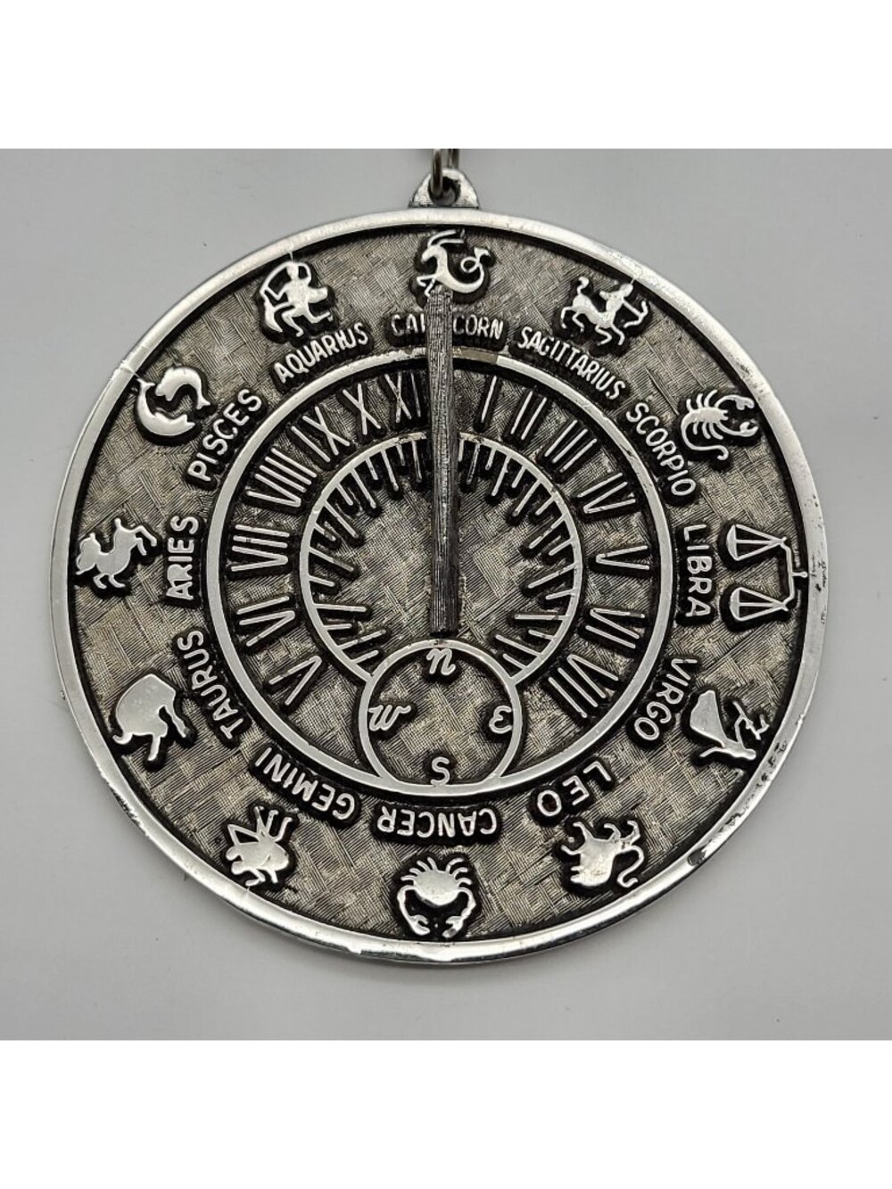 Vintage Tortolani Silvertone Zodiac Sundial Pendant Necklace Large Brutalist MCM